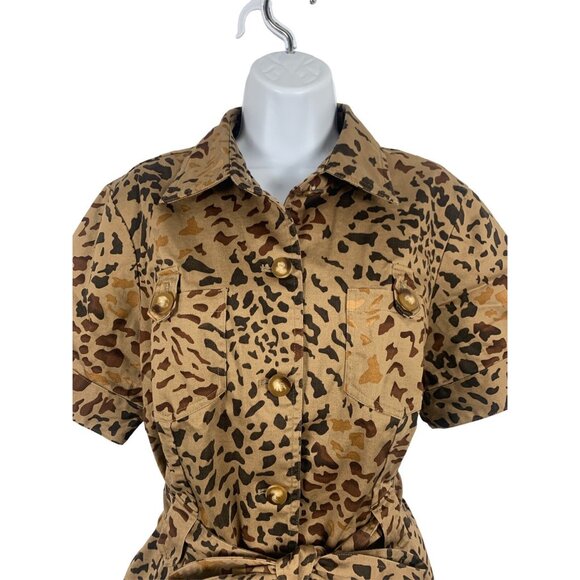Susan Bristol Womens Leopard Print Safari Button-Up Top With Belt - Picture 2 of 9